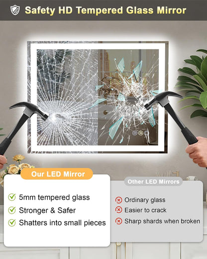 24x30 LED Bathroom Mirror, 6000LM, Separate Front and Back Lights | UL Certified,Shatter-Resistant Tempered Glass,Auto-Off Defogger,3 Color Modes,Smooth Dimming,Smart Memory Setting