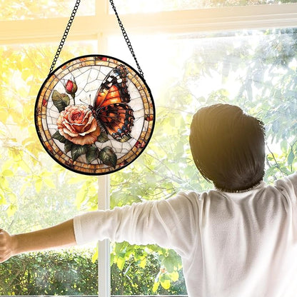 DASTOLL Stained Glass Window Hanging, Butterfly Picking Flowers Suncatcher - Image 4