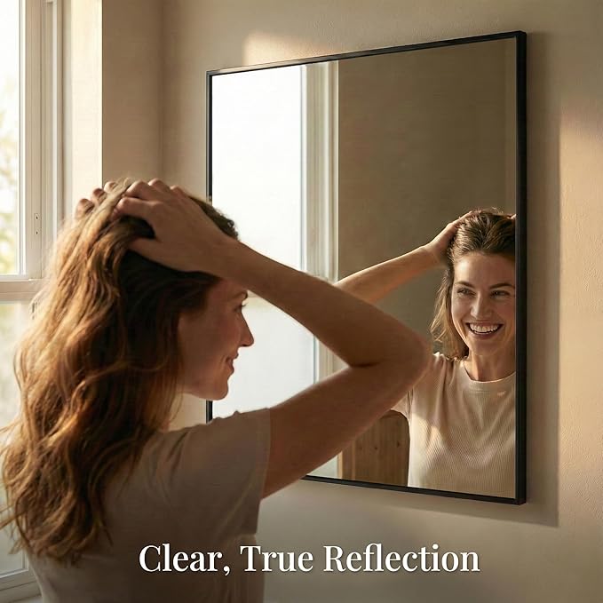30''x30'' Square Black Bathroom Mirror, Matte Metal Framed Wall Mirror - Image 5