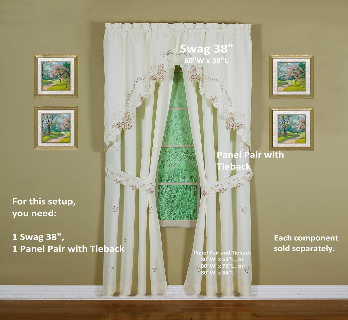 Today's Curtain Verona Reverse Embroidery Swag, 38", Ecru/Rose, 60"W X 38"L