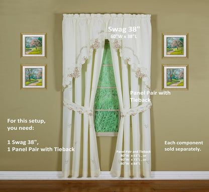 Today's Curtain Verona Reverse Embroidery Swag, 38", Ecru/Rose, 60"W X 38"L