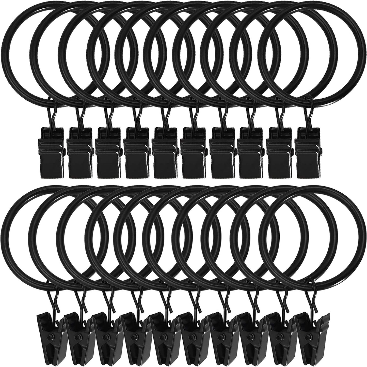 LLPJS 20 Pack Metal Curtain Rings with Clips, Curtain Clip Rings Hooks for Hanging Drapery Drapes Bows, Curtain Rod Rings 1.5 inch Interior Diameter, Black