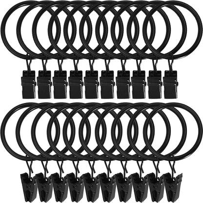 LLPJS 20 Pack Metal Curtain Rings with Clips, Curtain Clip Rings Hooks for Hanging Drapery Drapes Bows, Curtain Rod Rings 1.5 inch Interior Diameter, Black