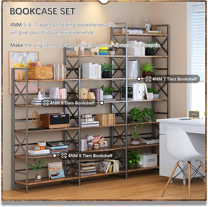 4NM 7 Tiers No Assembly Book Shelves, 72.4" H Folding Bookshelf Bookcase Open - Image 5