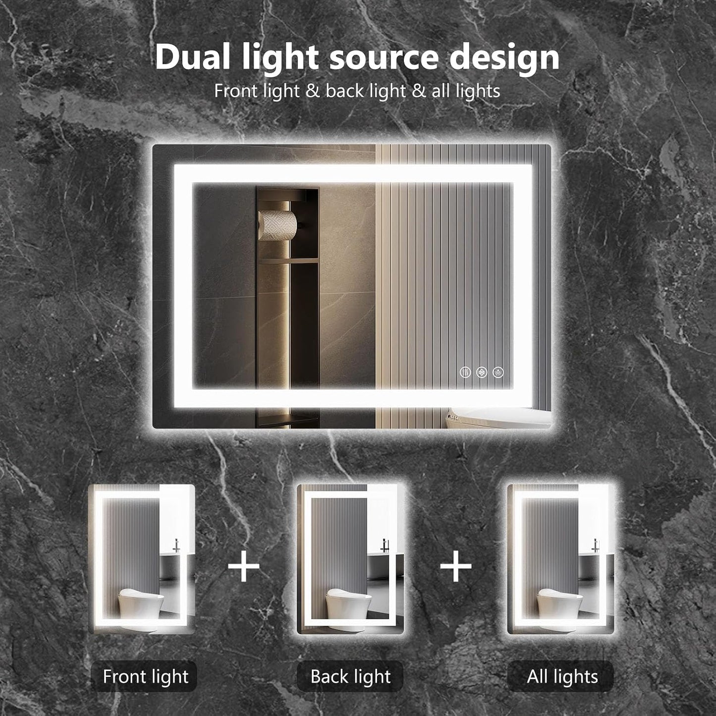 Sweetcrispy 24"x 32" Rectangle LED Bathroom Mirror,Front Light and Backlit, Adjustable Lights and Smart Memory Functionr - Enhanced Anti-Fog Feature, Pure White