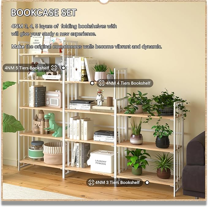 4NM No Assembly 5 Tiers Folding Bookshelf, 59.4" H Foldable Storage Shelves - Image 5