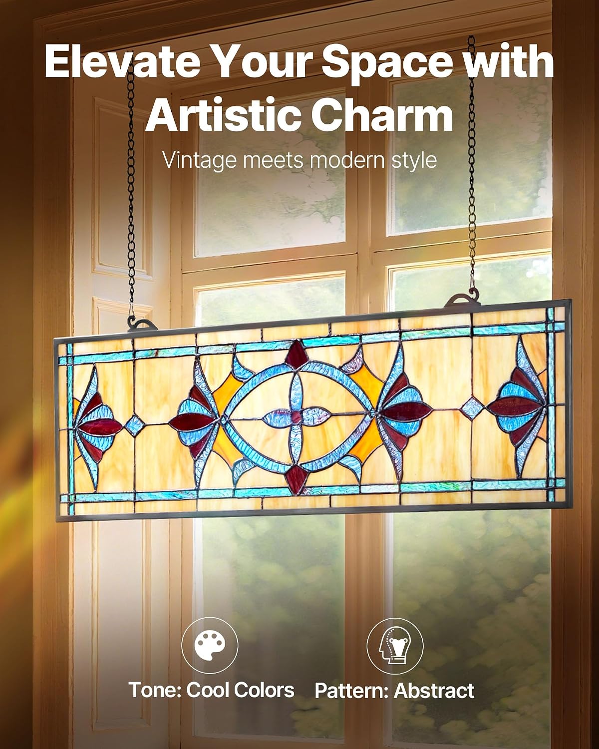 VEVOR Stained Glass Window Panel, 32 x 10 in, Tiffany Style Hanging Transom Window Panel with Chain, Large Horizontal Rectangle Stain Glass, Vintage Traditional Art Handcrafts for Kitchen Home Decor