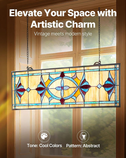 VEVOR Stained Glass Window Panel, 32 x 10 in, Tiffany Style Hanging Transom Window Panel with Chain, Large Horizontal Rectangle Stain Glass, Vintage Traditional Art Handcrafts for Kitchen Home Decor