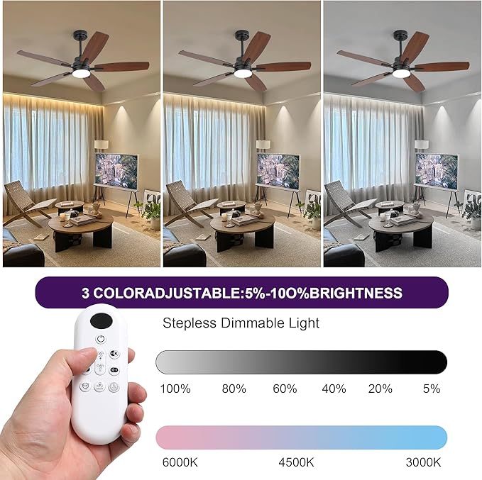 ARTPLAN 52" Ceiling Fan with Light and Remote, Noiseless DC Motor & Reversible - Image 5