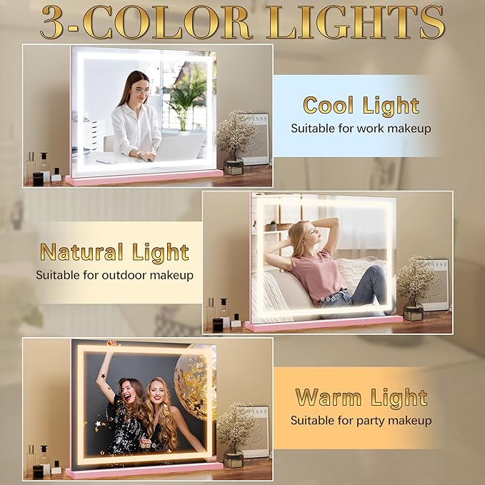 ROLOVE Pink Makeup Mirror with Lights 23x19 Inch, 3-Color Dimmable LED & Touch - Image 3