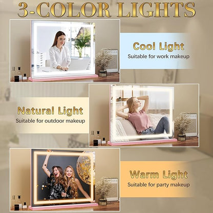 ROLOVE Pink Makeup Mirror with Lights 23x19 Inch, 3-Color Dimmable LED & Touch - Image 3