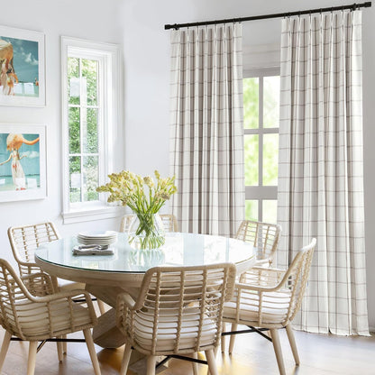 Vision Home Tan Plaid Linen Pinch Pleated Full Tanout Curtains Checkered Thermal Insulated Window Panels 90 inch for Bedroom Living Room Light Blocking Rustic Pleat Drapes with Hooks 40" Wx90 Lx2