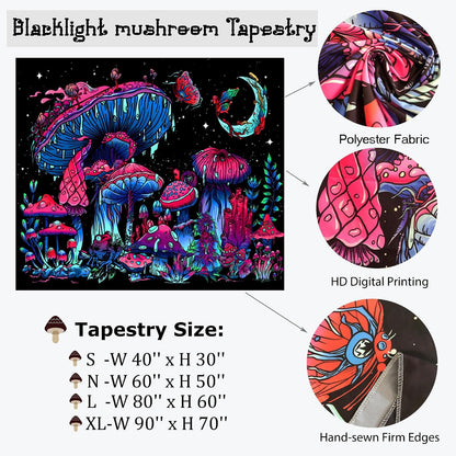 TUGCAY Blacklight Mushroom Tapestry, Glow In The Dark Tapestry Black Light Plant Fantasy UV Reactive Mushroom Butterfly Moon Tapestries Posters Wall Hanging for Bedroom Dorm Decor(50"x60")