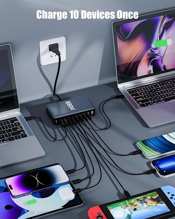 880W USB C Charger Block, 10-Port USB C Charging Station GaN IV Travel - Image 2