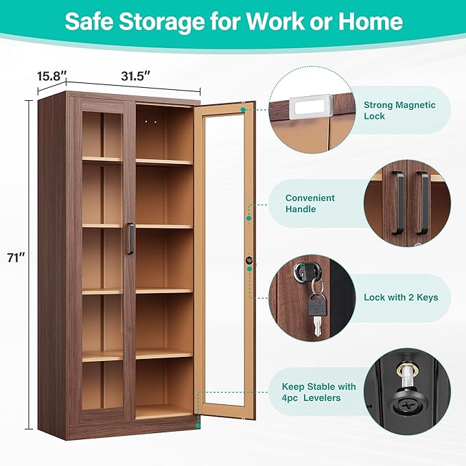 Metal Storage Cabinet with Lock and Glass Doors, Glass Display Cabinet - Image 3