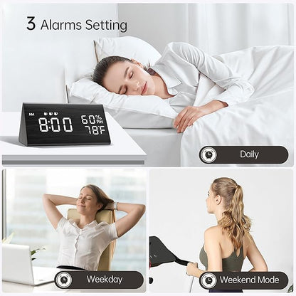 Digital Alarm Clock, with Wooden Electronic LED Time Display, 3 Alarm Settings - Image 2