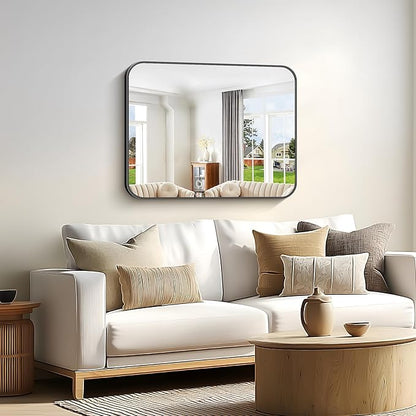 Bathroom Mirror, 30 x 24 inch Metal Framed Black Rectangle Mirror, Rounded - Image 2