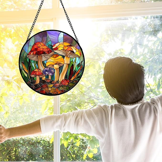 DASTOLL Stained Glass Window Hanging, Jungle Mushrooms Sun Catchers Diamond - Image 3