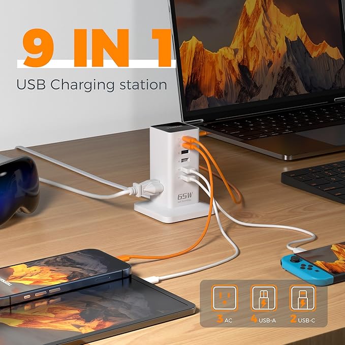 USB Charging Station for Multiple Devices PD 65W, TESSAN 9-in-1 USB C Charger - Image 2