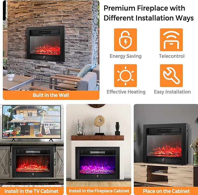 Giantex 28.5" Electric Fireplace Insert, Wall Recessed/Mounted, Freestanding - Image 10