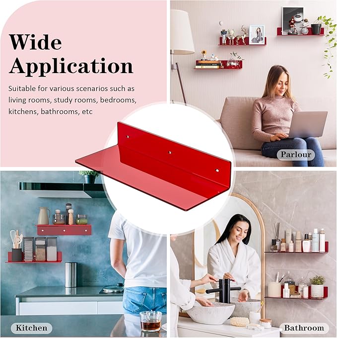 15 Inches Red Acrylic Shelves, Wall Mounted Shelves - Image 6