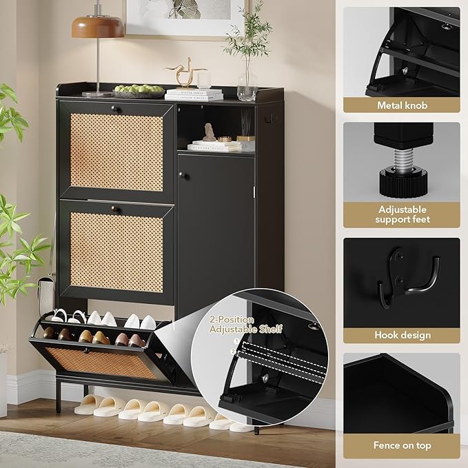 Rattan Wooden Shoe Cabinet, Freestanding 3-Flip Drawer Shoe Storage Organizer - Image 5