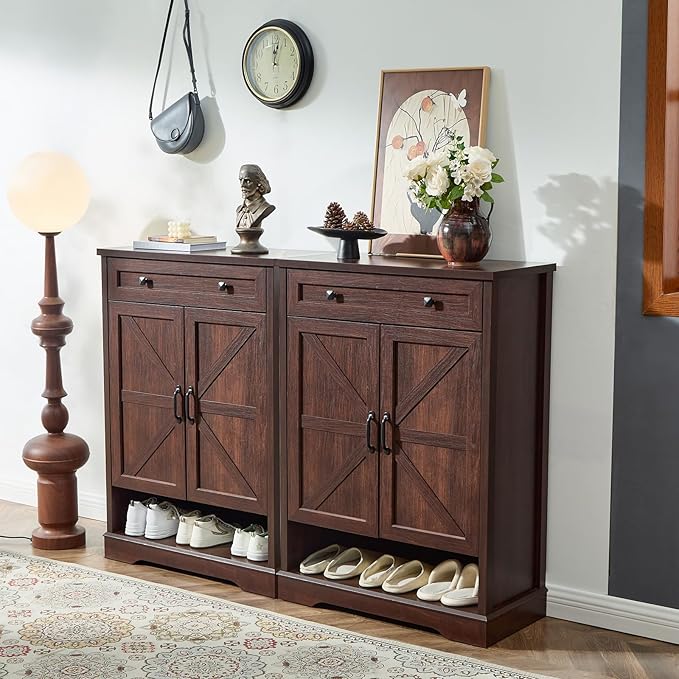 SOOWERY Shoe Cabinet with Drawer, Farmhouse Shoe Storage Cabinet with Doors - Image 7