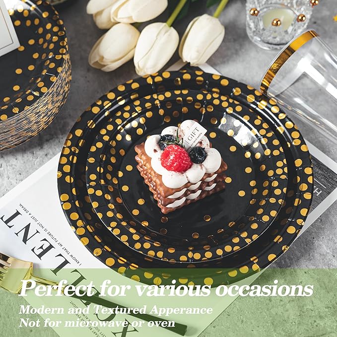 Lullaby 200PCS Black Paper Plates, Black and Gold Paper Plate, 100pcs Dinner ...