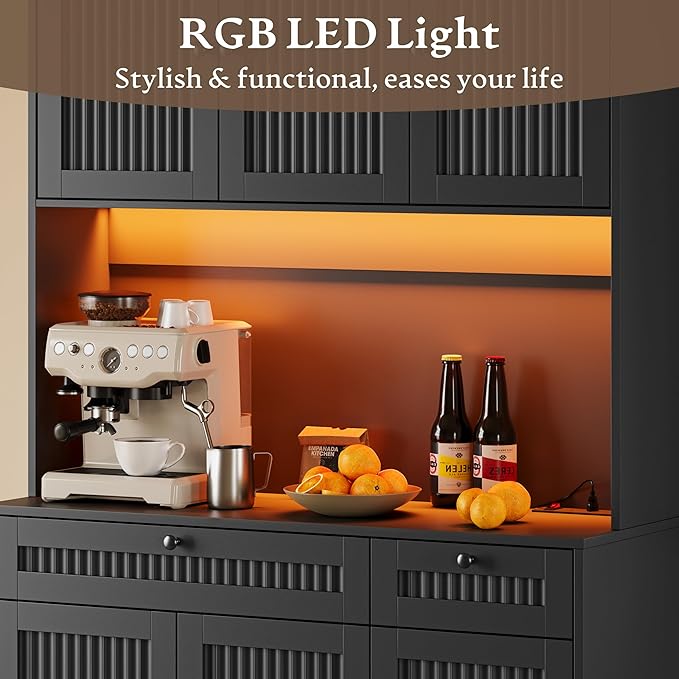 Pantry Cabinet with Charging Station and Light, Tall Kitchen Pantry Storage - Image 5