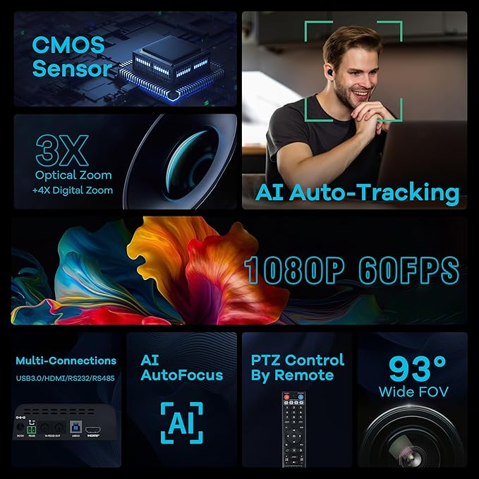 TONGVEO 3X Optical Zoom PTZ Camera AI Auto-Tracking HDMI USB 3.0 1080P 60fps - Image 2