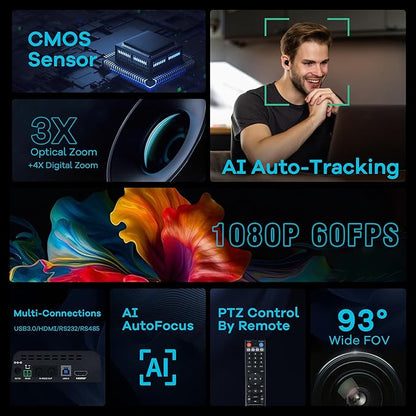 TONGVEO 3X Optical Zoom PTZ Camera AI Auto-Tracking HDMI USB 3.0 1080P 60fps - Image 2