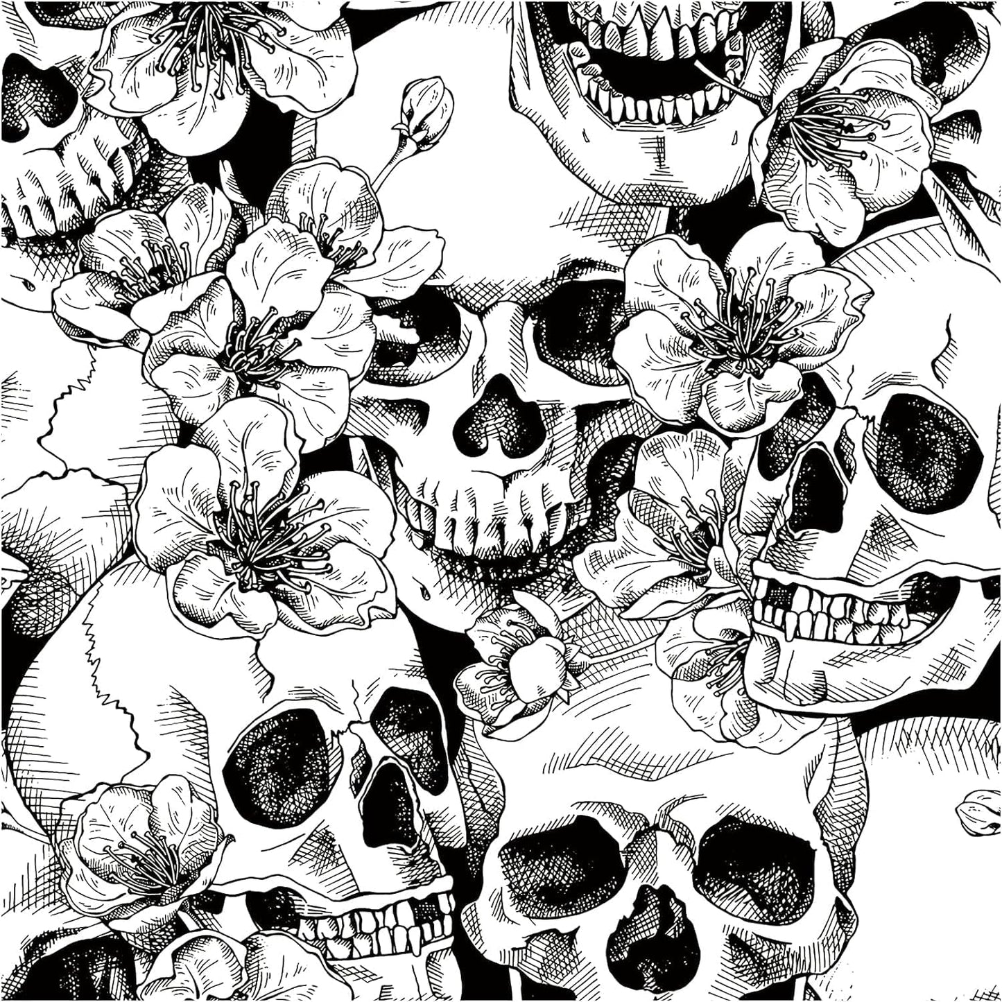 Sugar Skull Floral Peel and Stick Wallpaper - Waterproof, Thick, Self-Adhesive, Removable, Black/White, 17.5" x 393.7"