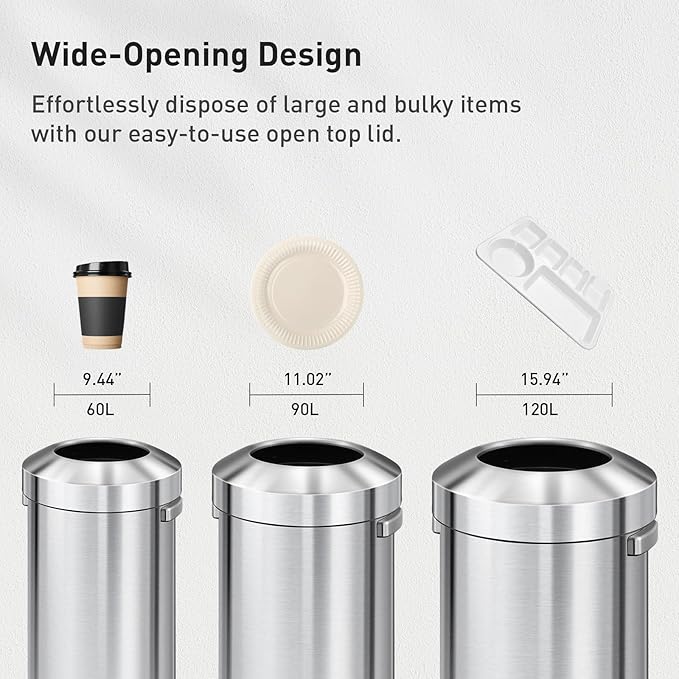 EKO Urban 24 Gallon Round Stainless Steel Open Top Waste Bin, Tall Commercial - Image 3