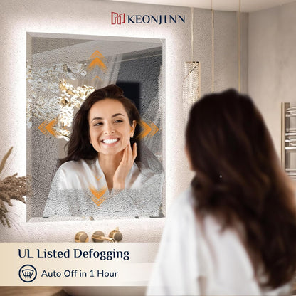 Keonjinn 40"x30" LED Backlit Mirror, Lighted Bathroom Mirrors for Over Sink | Tempered Glass Beveled Edge, Dimmable 3 Color Lights, Defogging, Memory Function, Effortless French Cleat Installation, Salon