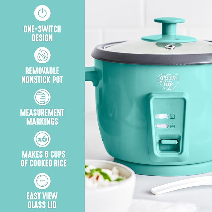 GreenLife Rice Cooker with Removable PFAS-Free Ceramic Nonstick Pot, 3-Cups - Image 5