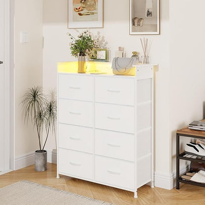 White Dresser for Bedroom with Power Outlets and LED Lights Narrow 8 Fabric - Image 8