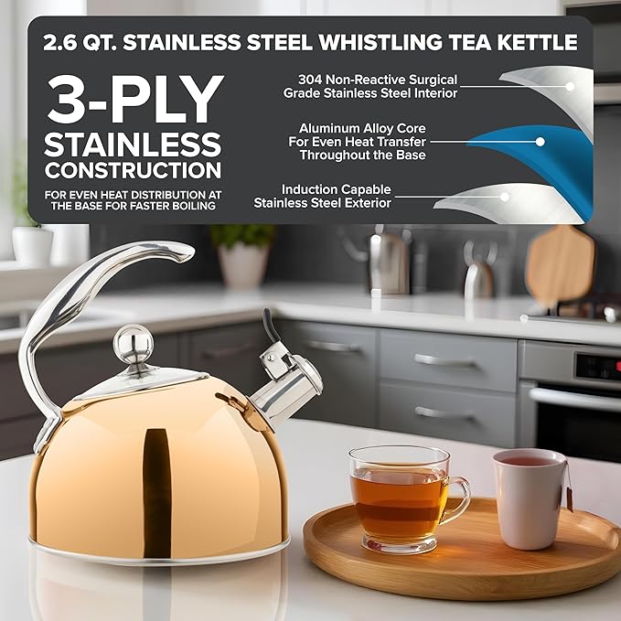 Viking 3-Ply Stainless Steel Tea Kettle, 2.6 Quart Stovetop Hot Water Pot - Image 2