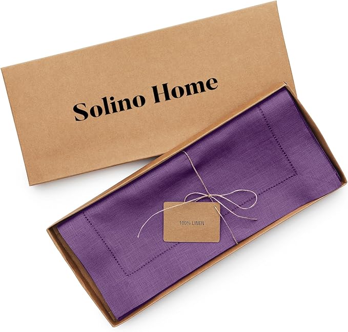 Solino Home Linen Purple Table Runner 36 Inches - Classic Hemstitch, 100% Pur...