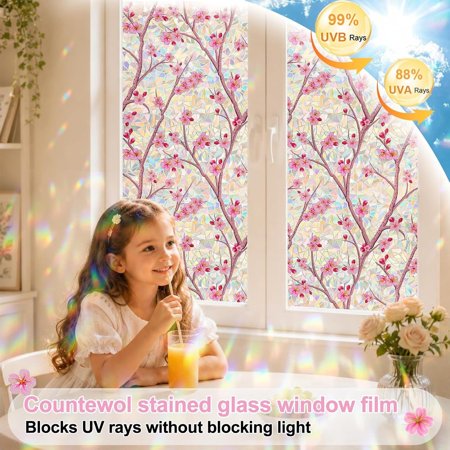 Countewol Stained Glass Privacy Window Film Static Cling Window Film Anti-Glare UV Protection Removable Decorative Window Clings for Home（Rainbow Sakura 78.7" L*17.5" W