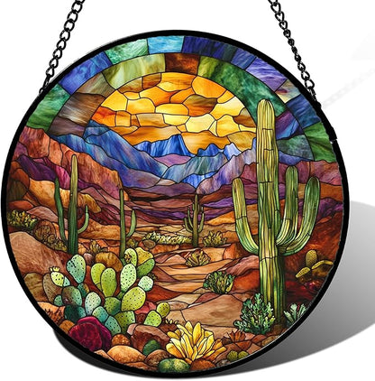 CRISGIF Stained Glass Window Hanging Cactus Mountains Landscape 6.3" by Follow