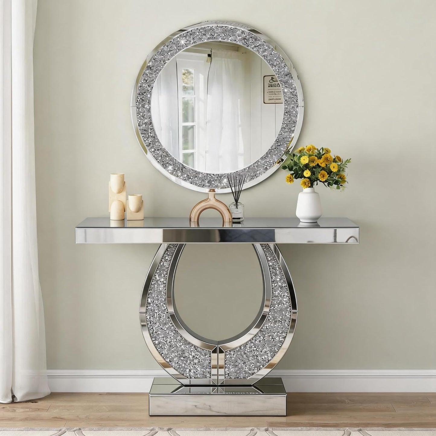 Mirrored Console Table & Round Wall Mirror Set, 45" Silver | O-Shaped Frame with Crushed Diamond Inlay, Full Mirrored Top, Weighted Anti-Tip Base, Easy-Clean, Sparkling Glam Decor Set