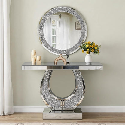 Mirrored Console Table & Round Wall Mirror Set, 45" Silver | O-Shaped Frame with Crushed Diamond Inlay, Full Mirrored Top, Weighted Anti-Tip Base, Easy-Clean, Sparkling Glam Decor Set