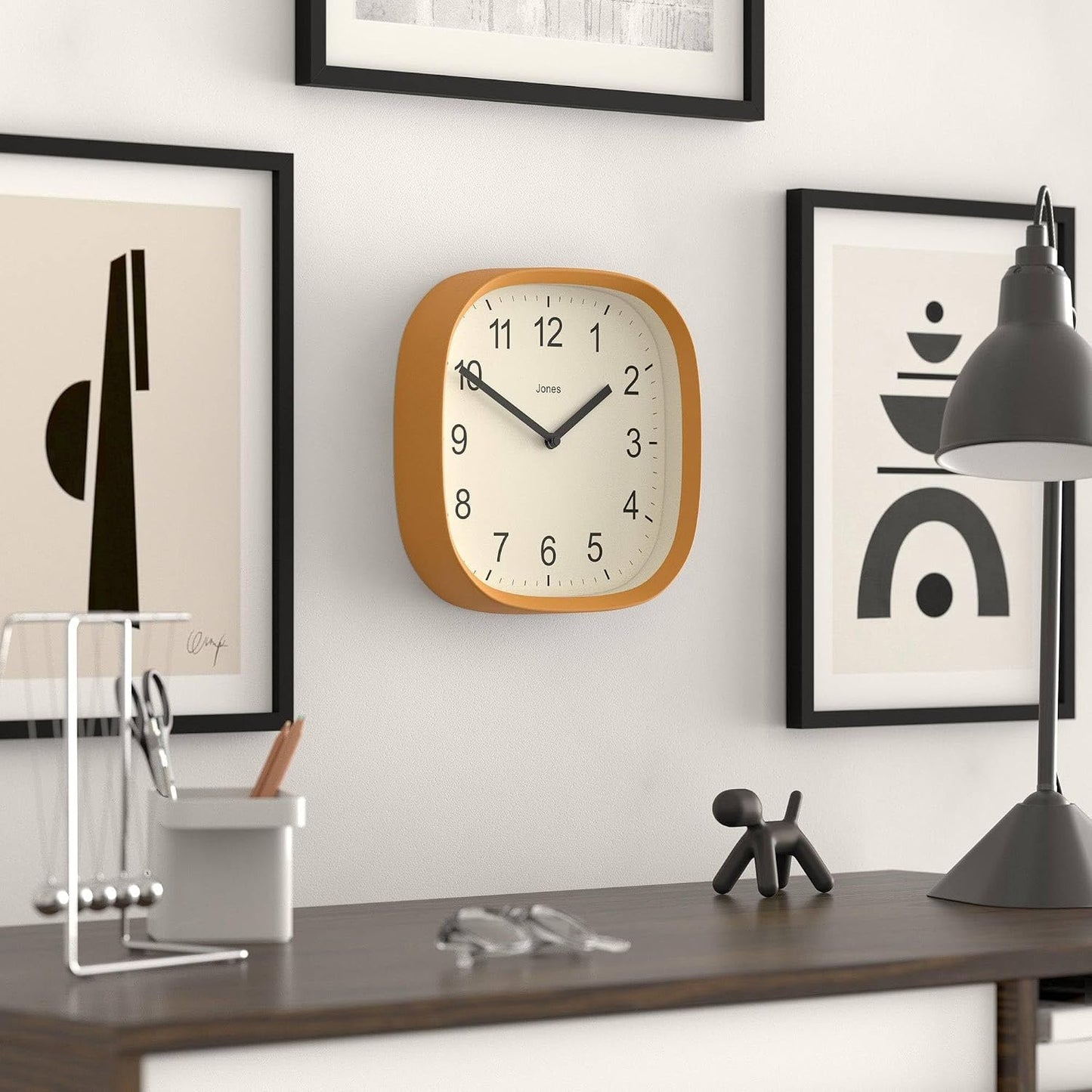JONES CLOCKS® Sprite wall Clock | Modern Retro Rounded Square Clock | 10" | Mustard Yellow | Easy to Read Numbers | Perfect for Kitchen or Office