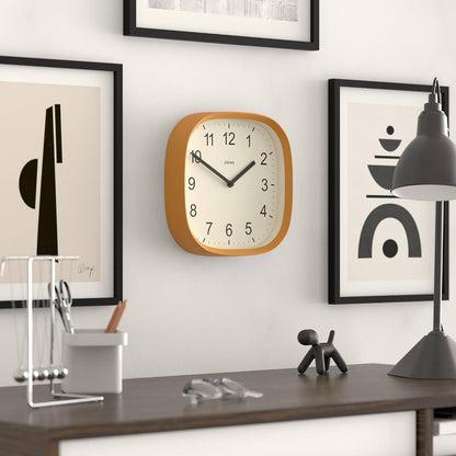 JONES CLOCKS® Sprite wall Clock | Modern Retro Rounded Square Clock | 10" | Mustard Yellow | Easy to Read Numbers | Perfect for Kitchen or Office