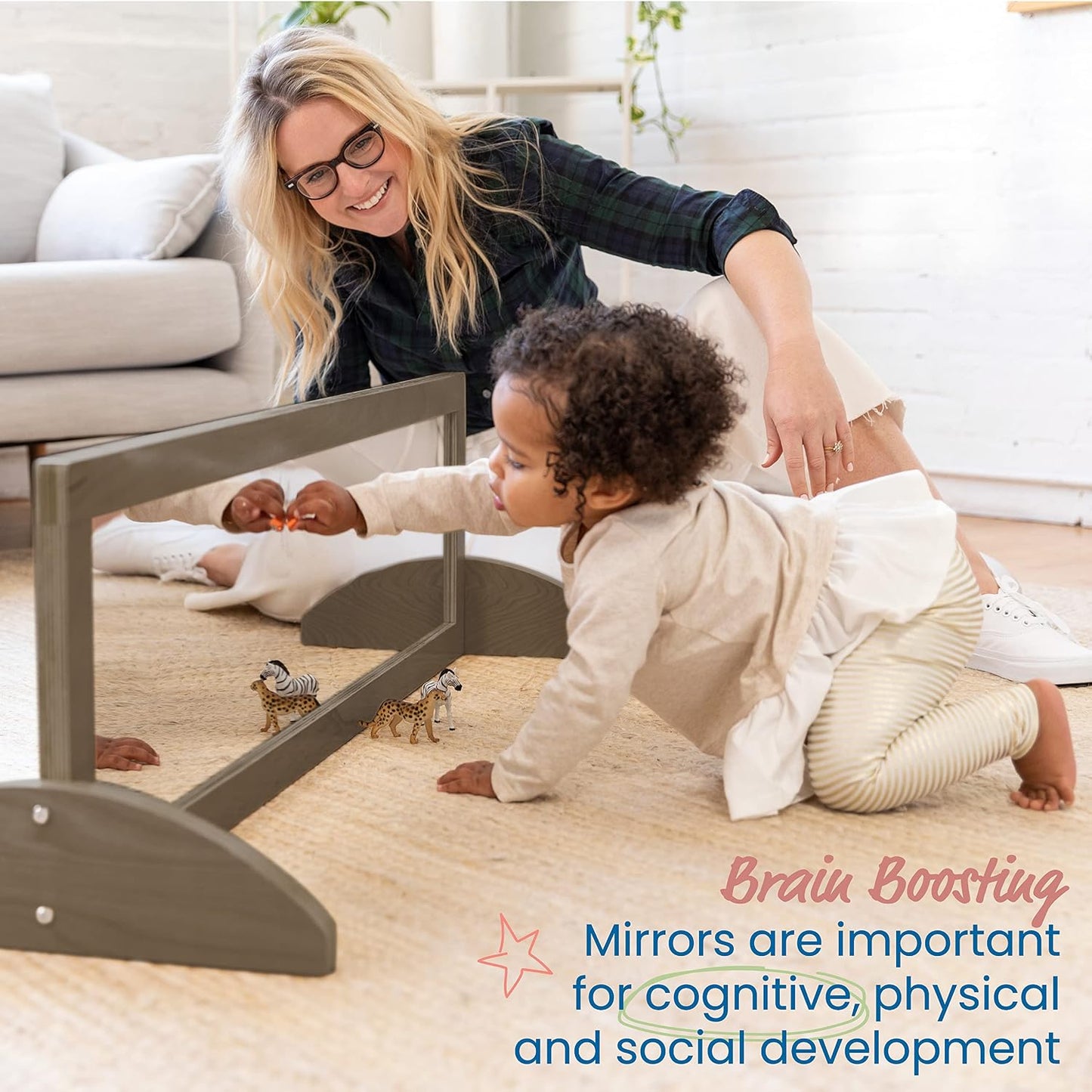 ECR4Kids Double-Sided Wooden Bi-Directional Mirror, Montessori, Grey Wash | Durable birch, GREENGUARD Gold Certified, shatter-resistant mirror, anti-tip feet, vertical & horizontal use, classroom/home