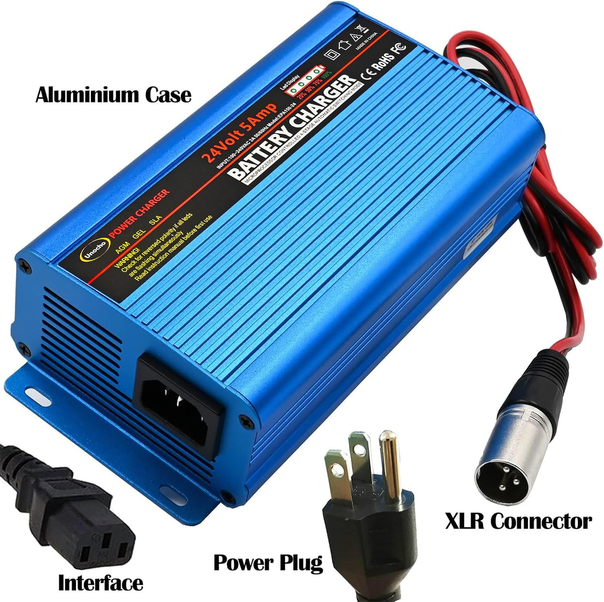 Unocho 24V 5A Battery Charger 4-Stage Smart Lead-Acid Charger with 3-Pin XLR ...