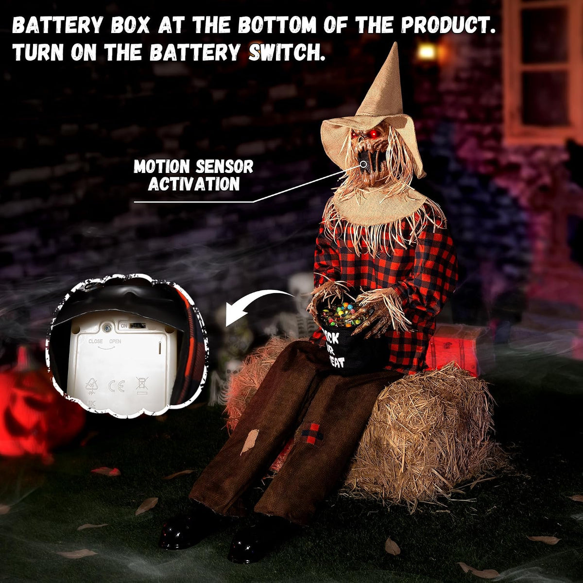 Halloween Animatronics Decorations Scary Sitting Scarecrow with Candy Bag, 55...
