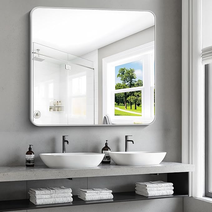 36x40 Inch Silver Bathroom Mirror, Metal Framed Silver Rectangle Mirrors - Image 8