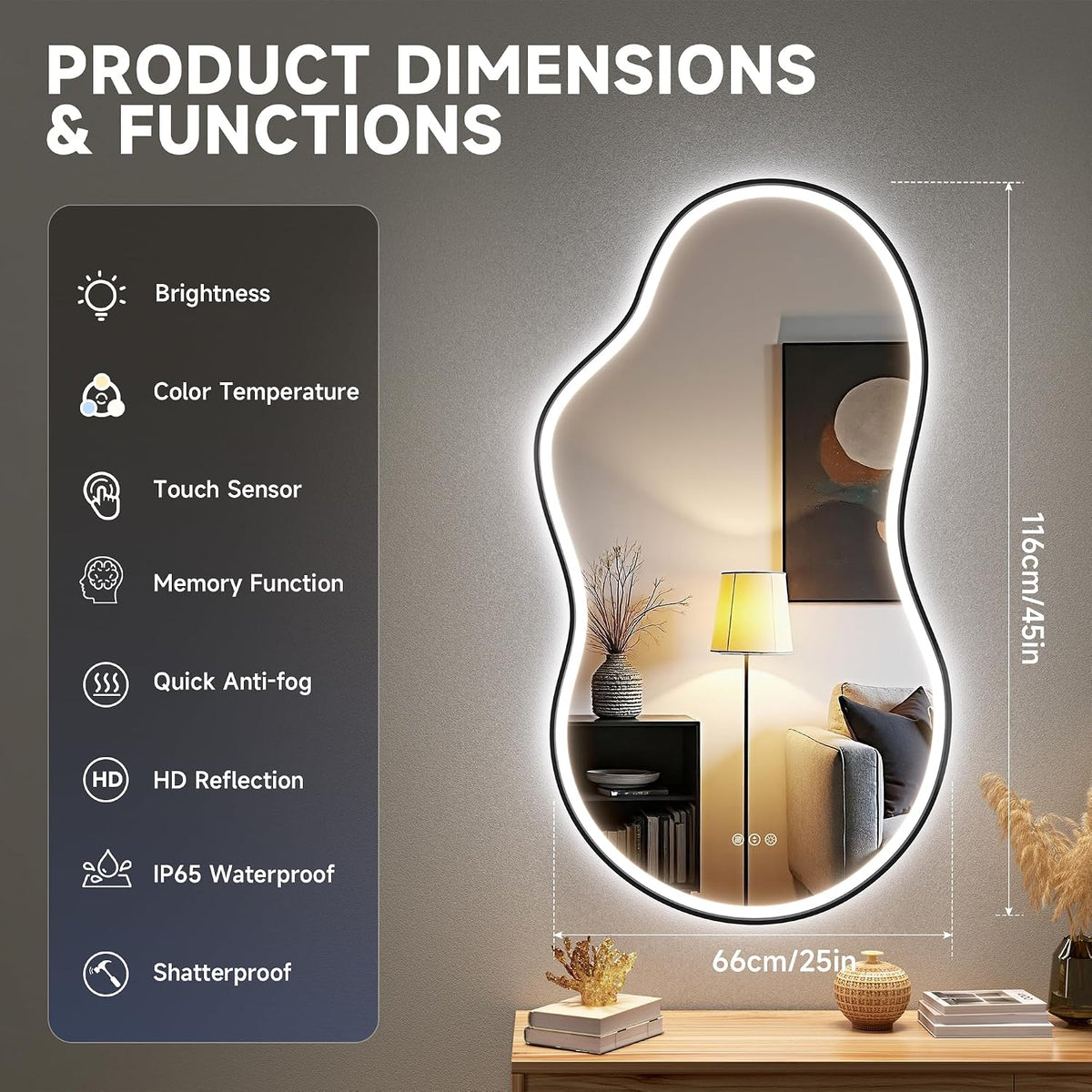 Hasipu Irregular Bathroom Mirror with Lights - 25"x45" LED Asymmetrical Wall Mirror, Abstract Modern Lighted Vanity Mirror for Wall, Anit-Fog, Dimmable, Memory, Vertical/Horizontal (Black | Asymmetrical Metal Framed, Anti-Fog, LED 3 Color Dimmable