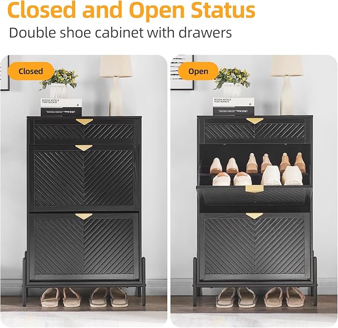 Shoe Cabinet Storage with 2 Flip Drawers, Narrow Hidden Shoes Organizer Cabinet - Image 7